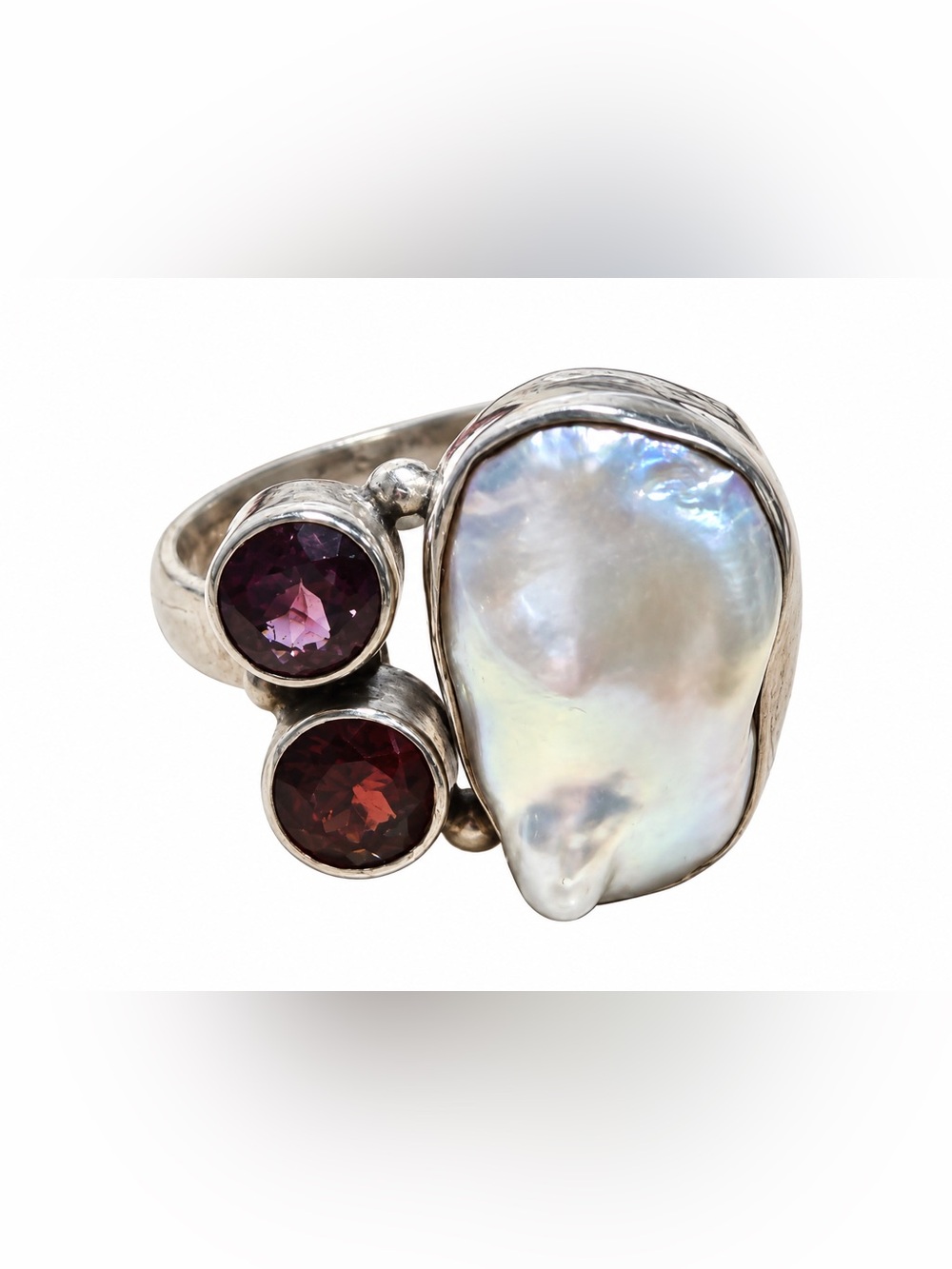 925 Sterling Silver Pearl Garnet Statement Ring Size 8